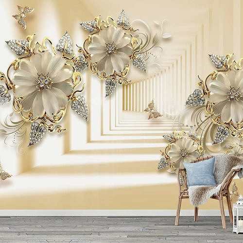 3D Çiçek ve Altın Tasarımlı Duvar Kağıdı