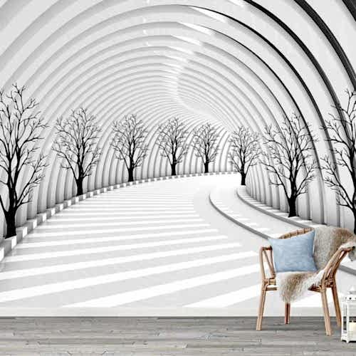 3D Siyah Beyaz Modern Tünel ve Ağaçlar Duvar Kağıdı Minimalist Poster Tasarımları